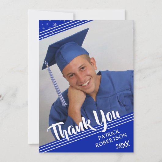 Invitation Merci de diplôme Royal Bleu Brush Script Photo (Devant)