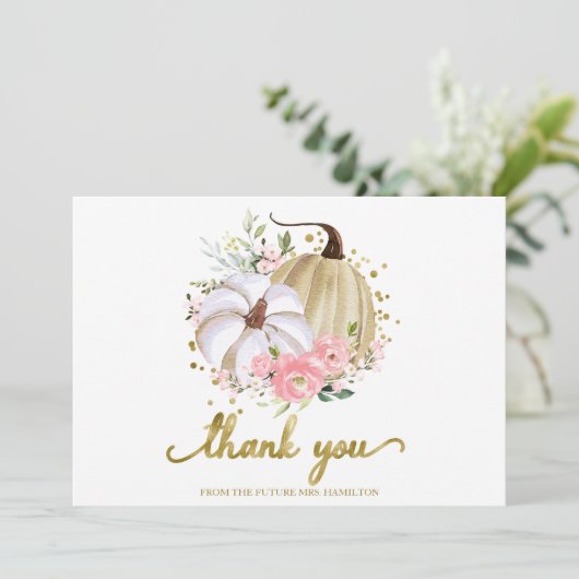 Invitation Merci de Fête des mariées d'automne Citrouille ros (Debout devant)