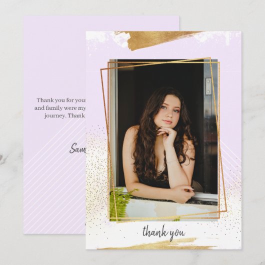 Invitation Merci de graduation mou violet et or encadré (Devant / Derrière)