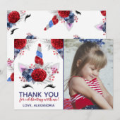 Invitation Merci de la licorne rouge, blanche et bleue (Devant / Derrière)