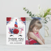 Invitation Merci de la licorne rouge, blanche et bleue (Debout devant)