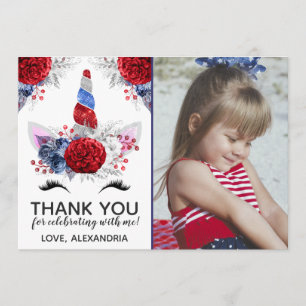 Invitation Merci de la licorne rouge, blanche et bleue