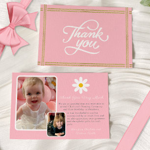 Invitation Merci de marguerite moderne deux photos rose blanc