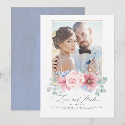 Invitation Merci de Mariage floral rose et bleu poussiéreux (Devant / Derrière)