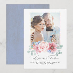 Invitation Merci de Mariage floral rose et bleu poussiéreux