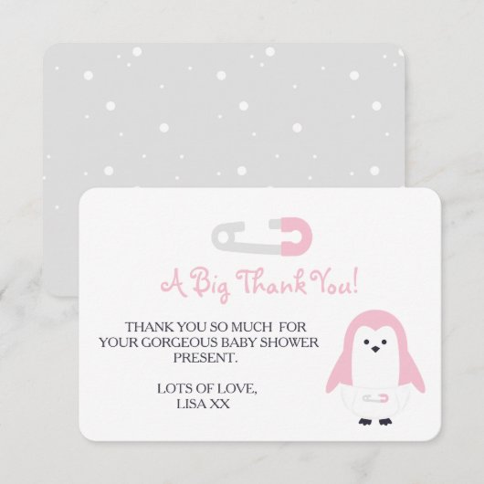 Invitation Merci de pingouin rose bébé (Devant / Derrière)