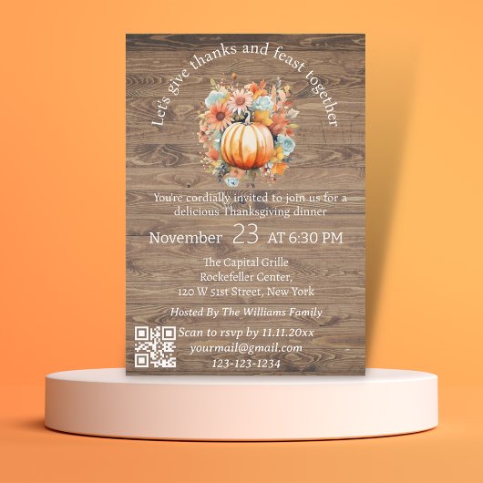 Invitation merci & festin thanksgiving rustique qr code moder