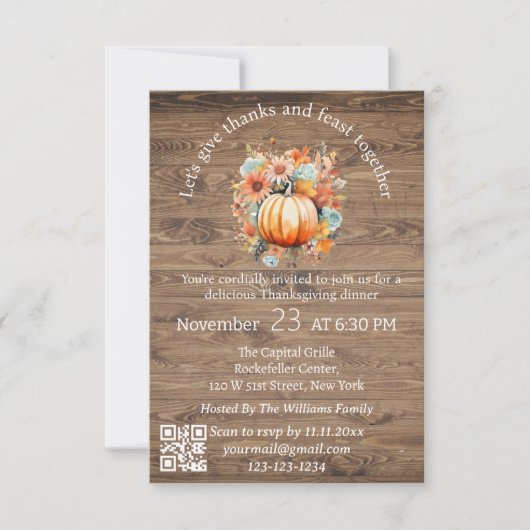 Invitation merci & fête thanksgiving rustique code qr moderne (Devant)