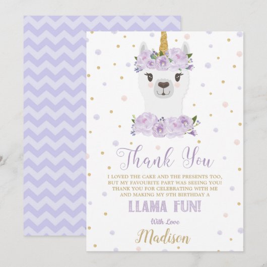 Invitation Merci floral mauve de Llama Fun Birthday Party (Devant / Derrière)