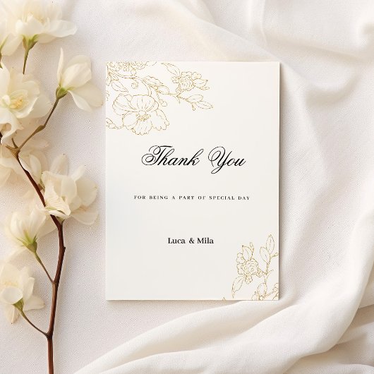 Invitation Merci floral or blanc simple et élégant