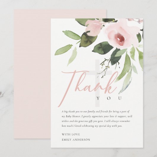 INVITATION MERCI FLORAL ROSE DOUX BLUSH ROSE BABY SHOWER FLOR (Devant / Derrière)