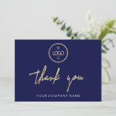Invitation Merci Golden Script Business Logo Blue Navy (Debout devant)