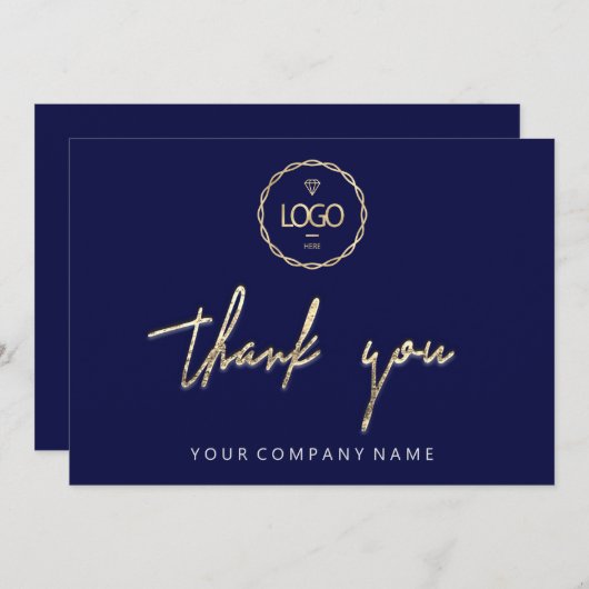 Invitation Merci Golden Script Business Logo Blue Navy (Devant / Derrière)