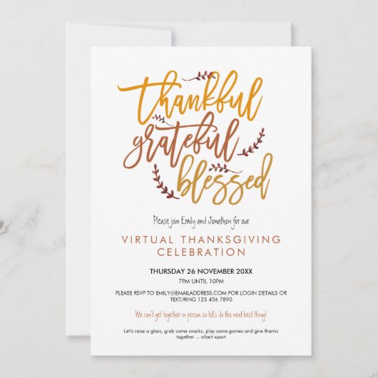 Invitation Merci Grateful béni Virtual Thanksgiving (Devant)