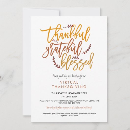 Invitation Merci Grateful béni Virtual Thanksgiving (Devant)