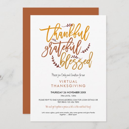 Invitation Merci Grateful béni Virtual Thanksgiving (Devant / Derrière)