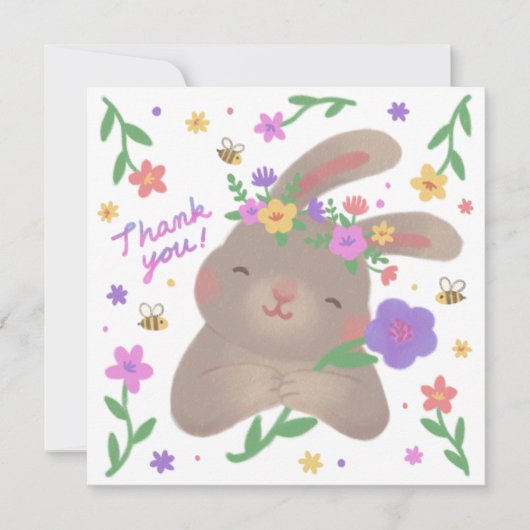 Invitation Merci : Lapin avec des fleurs (Devant)