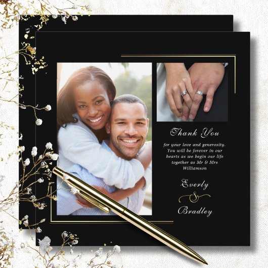 Invitation Merci photo Dark Black Gold White Script