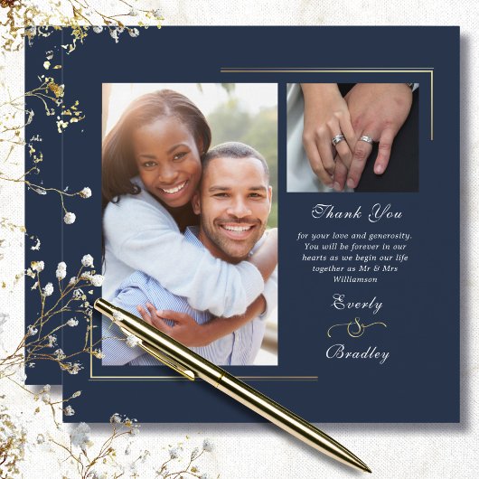 Invitation Merci photo Dark Navy Blue Gold White Script