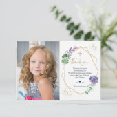 Invitation Merci photo de la première communion pourpre Succu (Debout devant)