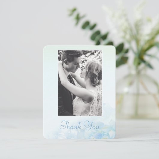 Invitation Merci photo mariage hydrangea bleu vert (Debout devant)