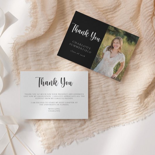 Invitation Merci photo moderne Black White Graduation