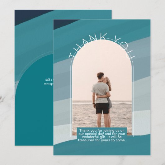 Invitation Merci PHOTO TURQUOISE contemporain à rayures (Devant / Derrière)