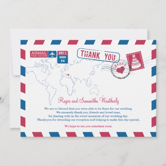 Invitation Merci pour le mariage par avion Grèce (Devant)