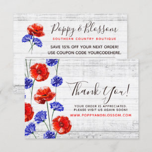 Invitation Merci Rouge Poppy & Cornflower Rustic Wood Card