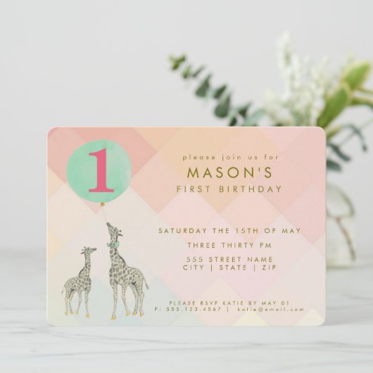 INVITATION MÈRE & BÉBÉ GIRAFFE & BALLON | ANNIVERSAIRE (Debout devant)