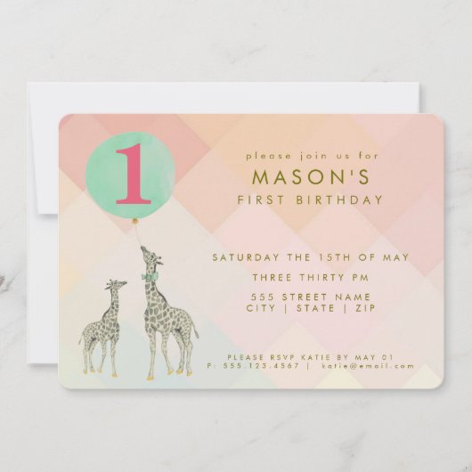 INVITATION MÈRE & BÉBÉ GIRAFFE & BALLON | ANNIVERSAIRE (Devant)