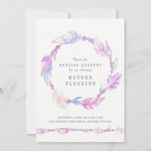 Invitation Mère bénédiction plume et perles art violet (Devant)