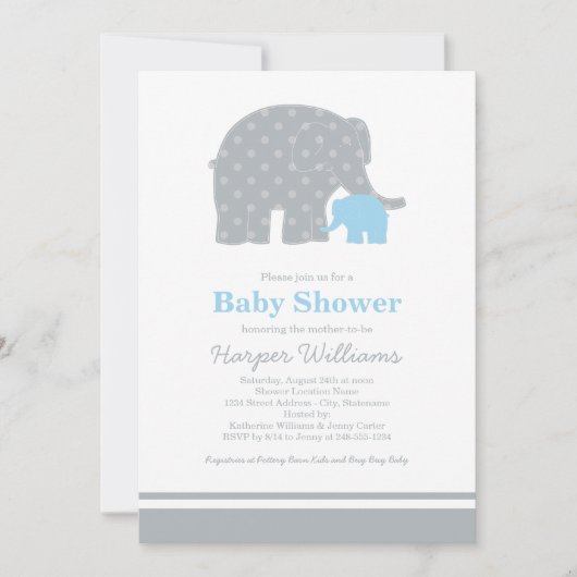Invitation Mère Eléphant Baby shower de points gris bleu (Devant)