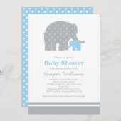 Invitation Mère Eléphant Baby shower de points gris bleu (Devant / Derrière)