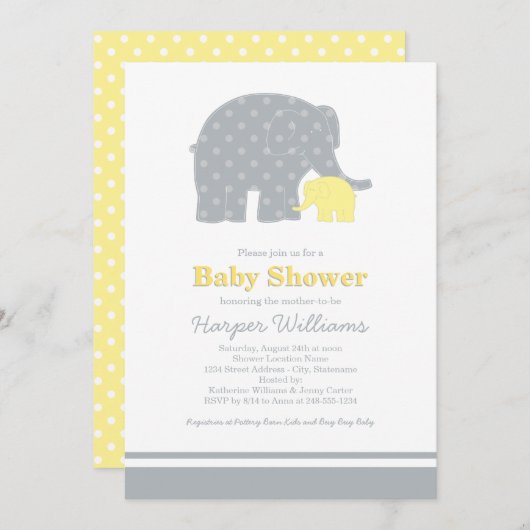 Invitation Mère Eléphant Jaune Chien gris Baby shower (Devant / Derrière)
