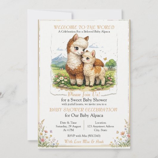 Invitation Mère et bébé alpaca adorables (Devant)