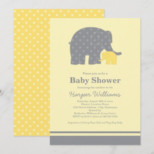 Invitation Mère et bébé Eléphant Douche Jaune et gris (Devant / Derrière)