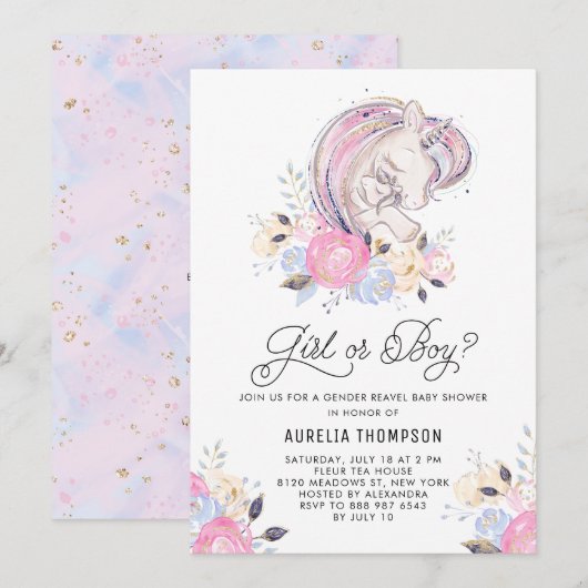 Invitation Mère et bébé Unicorne Baby shower de révélation de (Devant / Derrière)