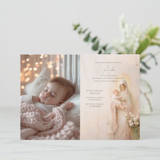 Invitation Mère Marie avec Bébé baptême (Debout devant)