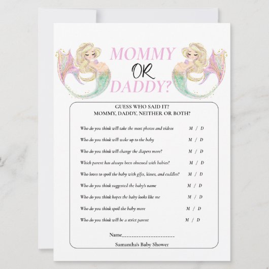 Invitation Mère Sirène Blanche Future Maman. Maman ou Papa (Devant)