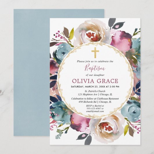 Invitation Merlot bleu marine bordeaux Baptême floral (Devant / Derrière)