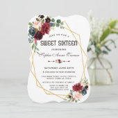 Invitation Merlot Bleu Marine Floral Cadre Doré Sweet 16 (Debout devant)