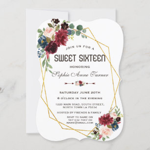 Invitation Merlot Bleu Marine Floral Or Cadre Douce 16