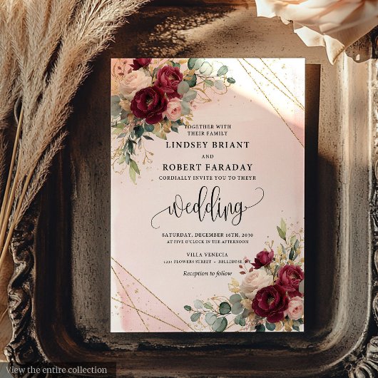 Invitation Merlot de luxe Gold Blush Roses Elégant mariage