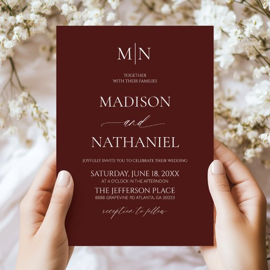 Invitation Merlot Deep Burgundy Minimalist Initial Wedding