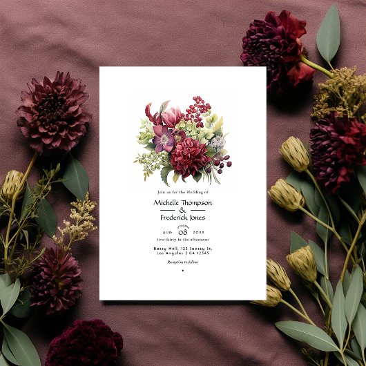 Invitation Merlot et Sage Floral Mariage d'hiver