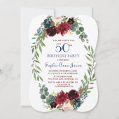 Invitation Merlot Marine Bleu Floral Fleur 50e anniversaire (Devant)