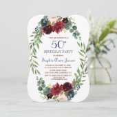 Invitation Merlot Marine Bleu Floral Fleur 50e anniversaire (Debout devant)