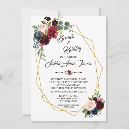 Invitation Merlot Navy Blue Floral Gold Frame Fête des mariée (Devant)