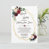 Invitation Merlot Navy Blue Floral Gold Frame Fête des mariée (Debout devant)